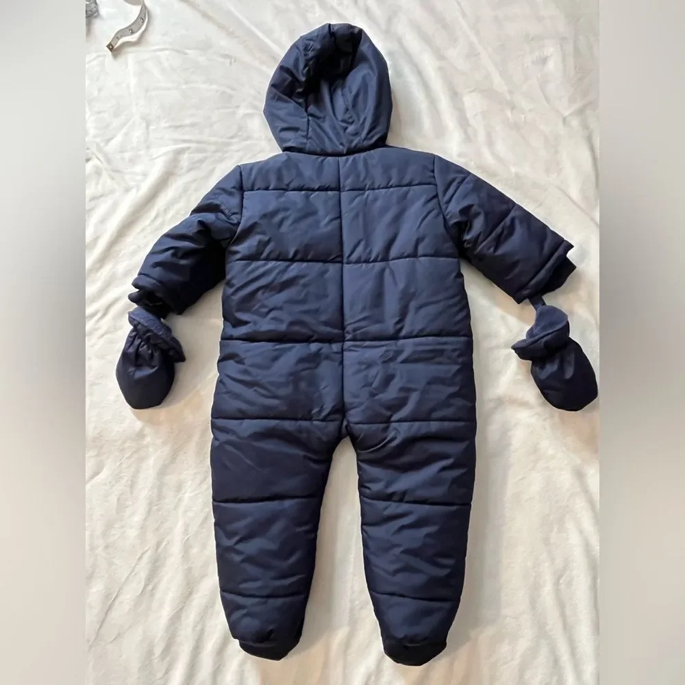 Children’s Place Navy Blue Infant Baby One Piece Snowsuit & Mittens 6-9 Months